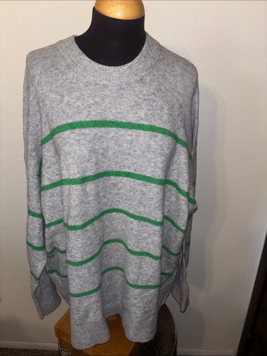 aerie Sweaters - Aerie Crewneck Oversized Soft Grey Sweater with Green Stripes Size Large